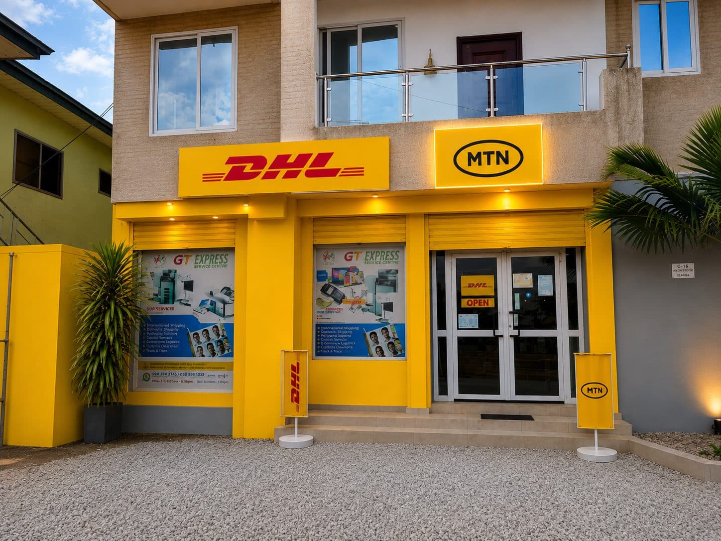 The shop front on the main road at Nkontrodo, with the MTN sign above the door.